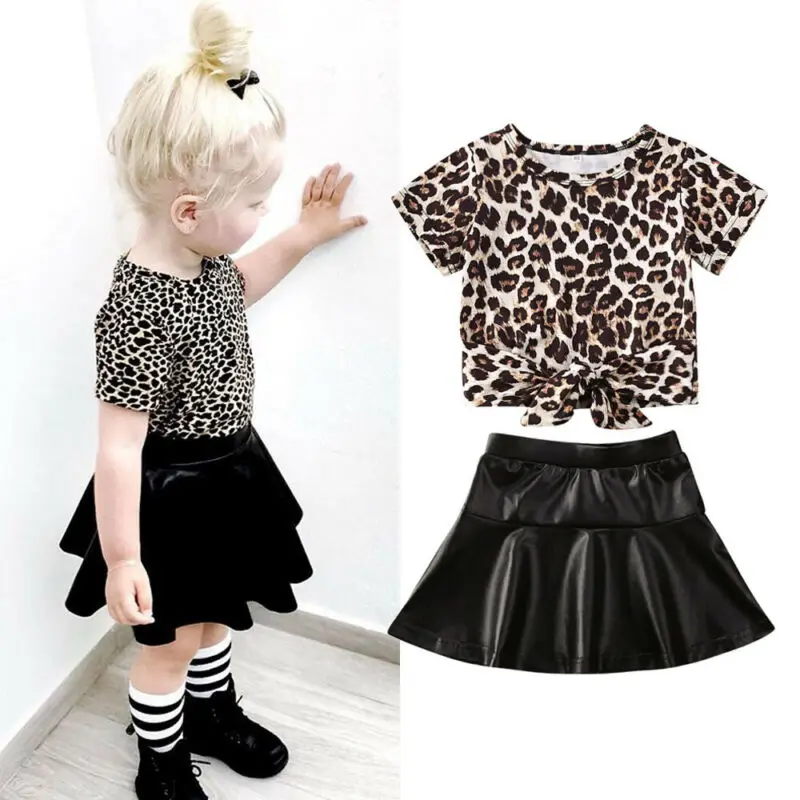 От 1 до 5 лет комплекты одежды для маленьких девочек, леопардовая футболка, Топы, кожаные юбки трапециевидной формы, комплекты одежды из 2 предметов
