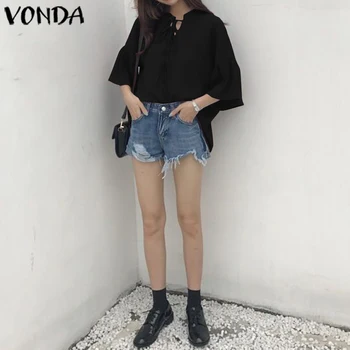 

VONDA Women Blouse 2020 Summer Bohemian 3/4 Flare Sleeve Tops Beach Tunic Casual Loose Female Shirts Plus Size