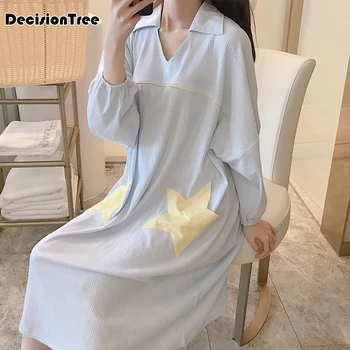 

2020 sweet cotton women shirt collar lace long nightgowns pink full sleeve retro loose sleepwear home wear cute night dress
