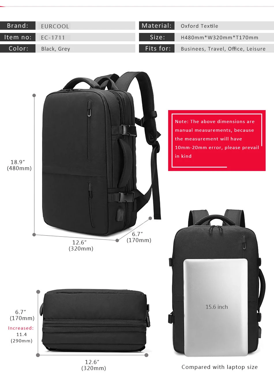 Men Multifunction 15.6" Laptop Backpack Large Capacity Expansion USB Charging Port Travel Backpacks Water Repellent Luggage Bags