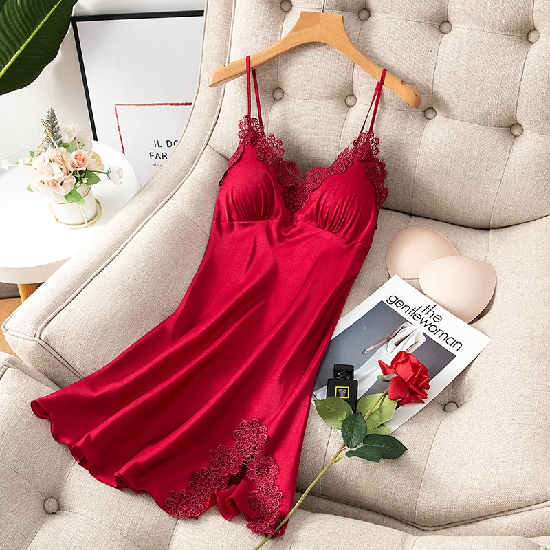 Loose Home Dress Women Satin Lace Floral Nightgown Sexy V-neck Strap ...