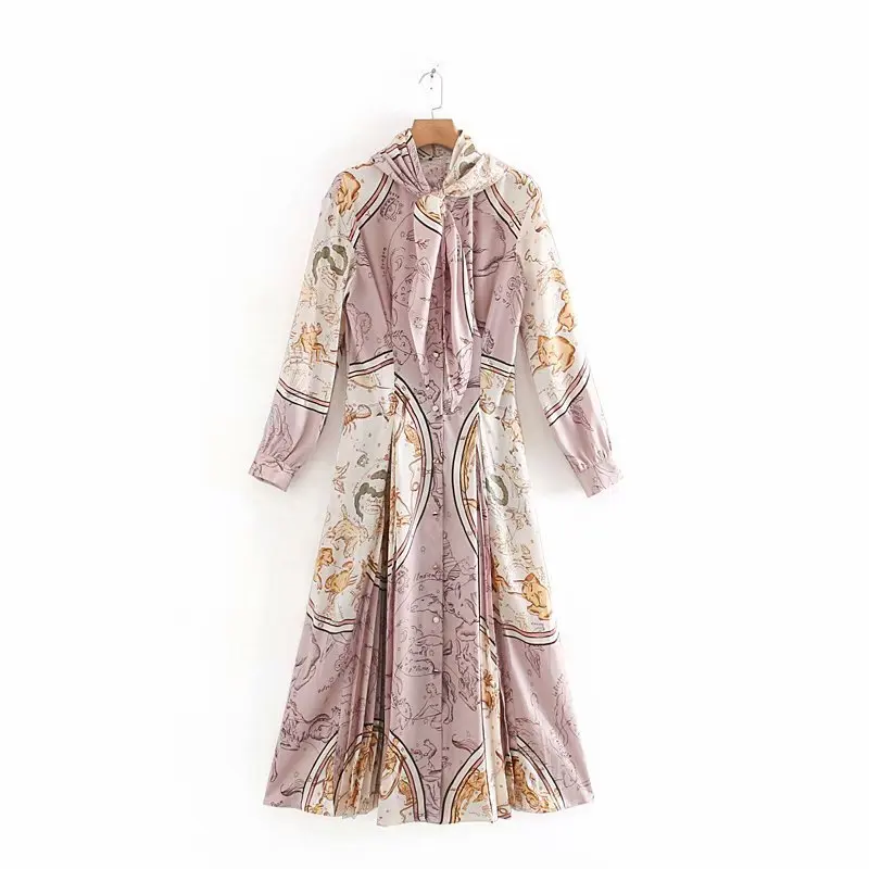 QZ624 Women European Design Long Sleeve Crossed Bow Print Pleated Middle Long Dress Vestidos