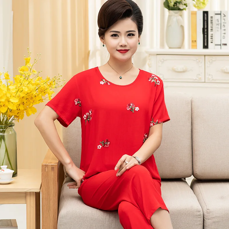 Embroider Pajamas Set Middle-aged Elderly Women Summer Cotton Nightwear Two-piece Suit Grandma Short Sleeve