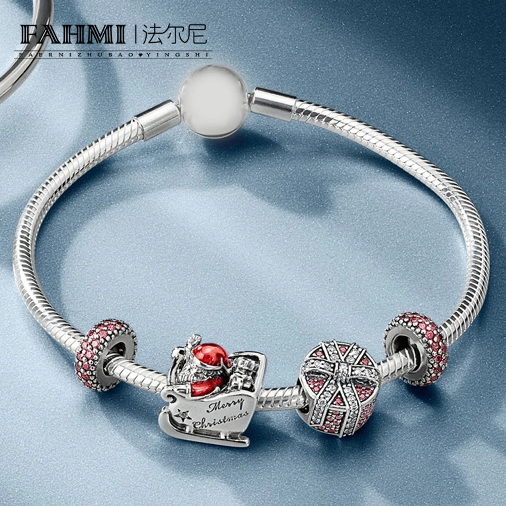

FAHMI 100% 925 Sterling Silver 1:1 Christmas Shimmering Gift Charm Red & Clear Sleighing Santa Charm Bracelet Set Free Shipping