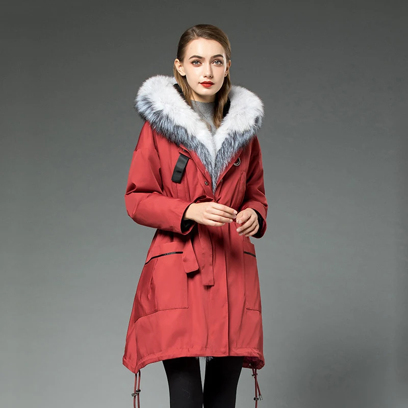 ZDFURS* новая парка из меха кролика Рекс женская зимняя куртка из меха лисы с капюшоном в полоску пальто Меховая куртка длинная съемная внутренняя теплая - Цвет: red