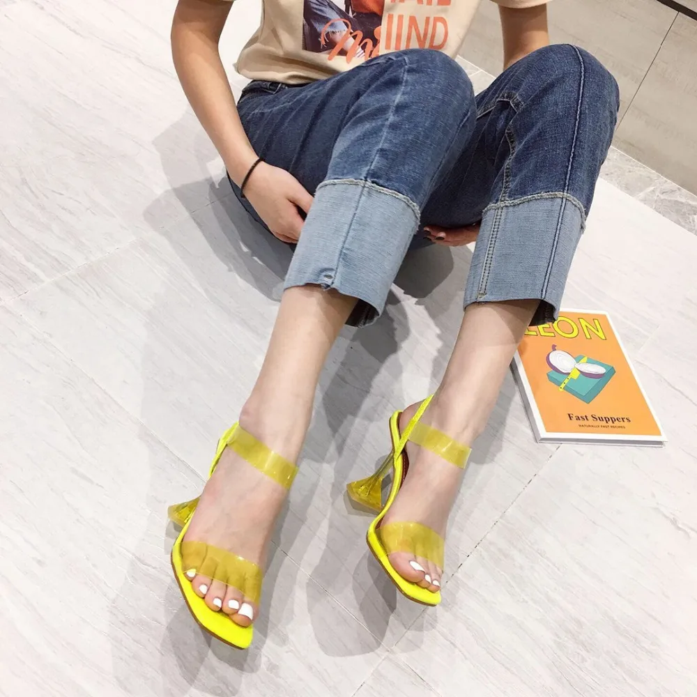 Желтые и белые пластмассовые прозрачные сандалии женские прозрачные босоножки на высоком каблуке с открытым носком и кристаллами туфли-лодочки 9 см размер 40