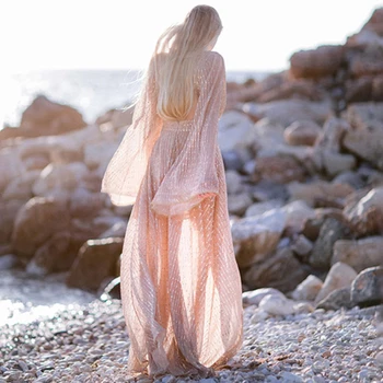 

Mossha Transparent Shiny bikini 2020 V-neck woman swimsuit cover-ups female Long beach wear lurex beach dress women vestidos new