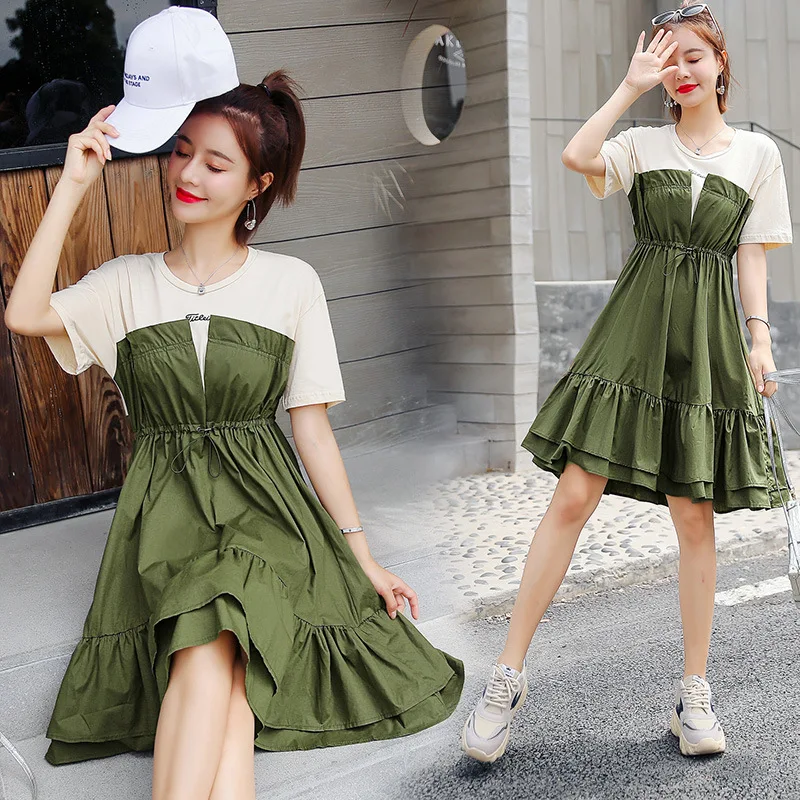 

Ozhouzhan 2019 Summer New Style Joint Short-sleeve Dress Women's Mid-length Drawstring Waist Hugging Slimming Flounced Skirt