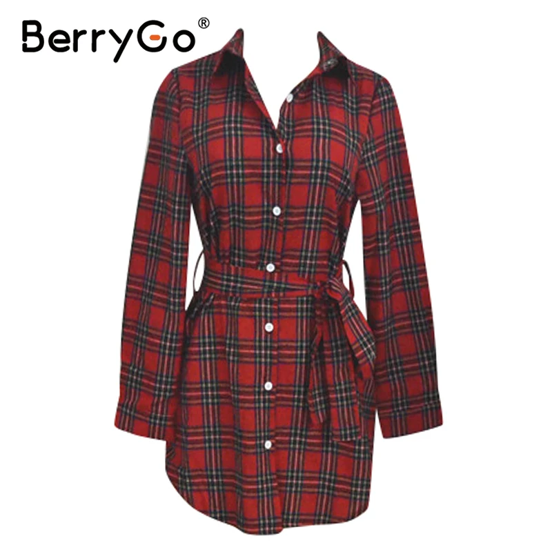 BerryGo, плюс размер, женское платье в клетку, на каждый день, высокая талия, пуговицы, длинный рукав, офисное платье, весеннее женское прямое платье с поясом