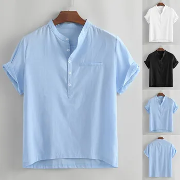 

shirt men Summer Loose Cotton Blend Solid Button Fake pocket Short Sleeve Shirts Tops In stock рубашка мужская