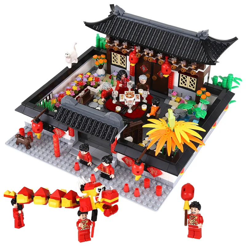 

2020 City Creator Chinese New Year'S Eve Dinner Lion Dance Dragon Dance Figures Building Blocks Bricks Children Toys Gift