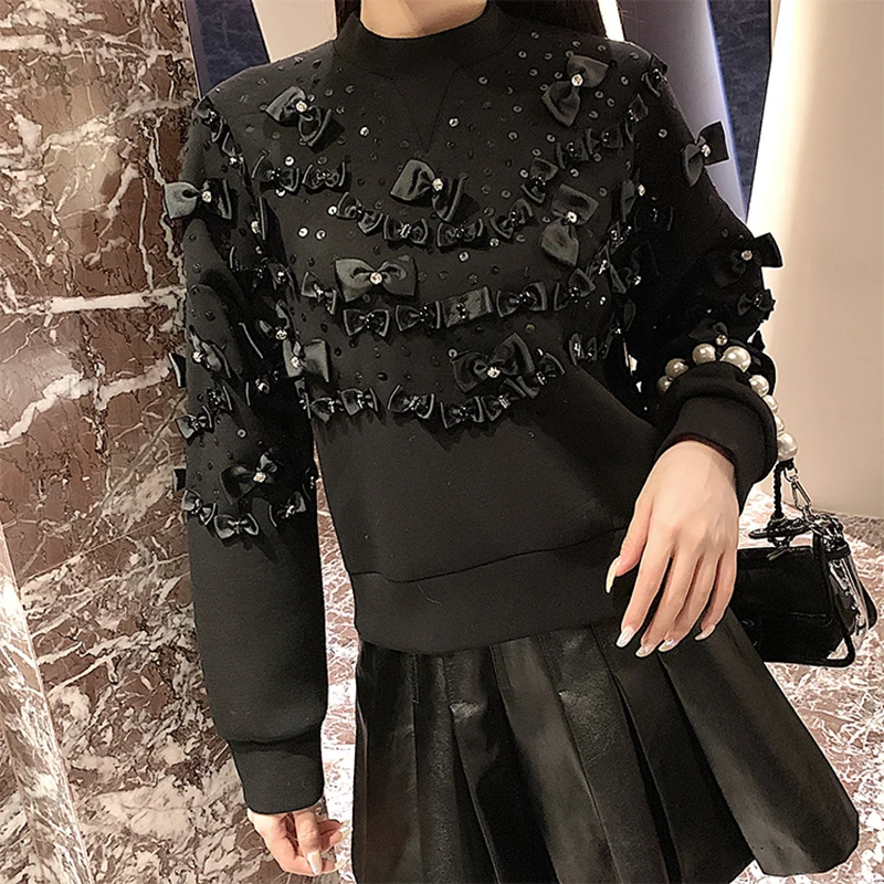 TWOTWINSTYLE белые лоскутные женские толстовки с бантом и круглым вырезом с длинным рукавом, свободные свитера для женщин, осень, модная новинка
