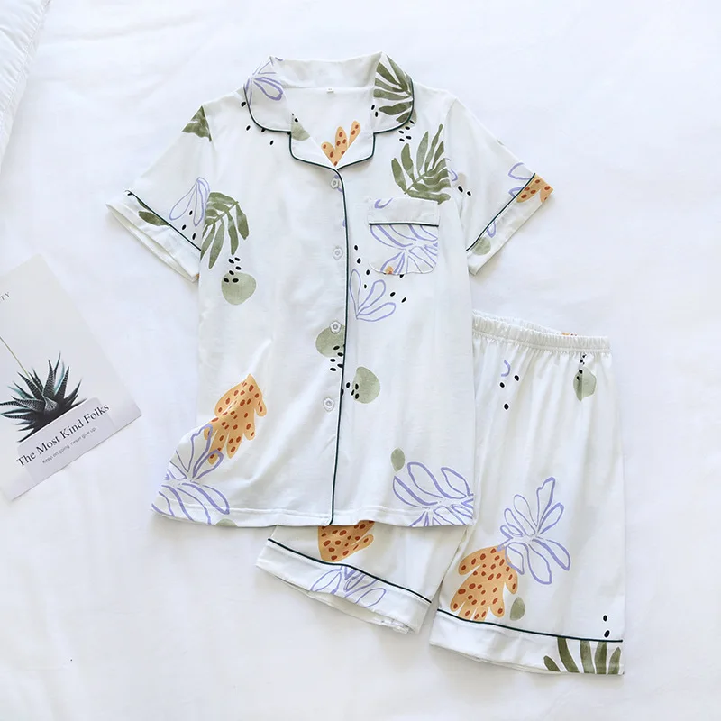 

228 New summer 100% cotton pajamas two-piece suit Print thin short-sleeved shorts ladies knitted cartoon deer home service set