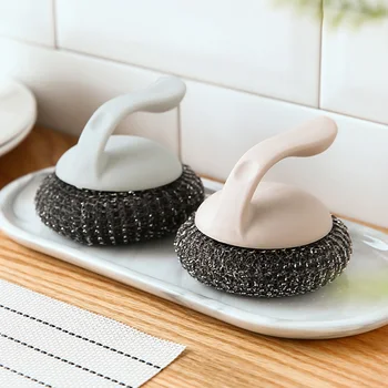

Multi Pot Brush With Handle Kitchen Decontamination Stainless Steel Ball Magic Plastic Nylon Wire Cleaning Tool Kitchen Supplies