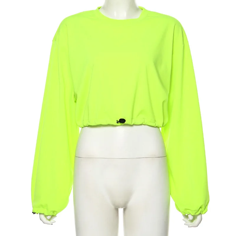 Блестящие неоновые зеленые укороченные свитшоты женские пуловер с длинными рукавами короткие свитшоты женские свитшоты на шнурке укороченный топ
