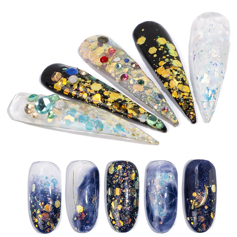 

1 Box of Holographic Nail Glitter Mixed with Diamond-shaped Round Square Mirror Irregular Sequins 3D Nail Art Decoration Glitter