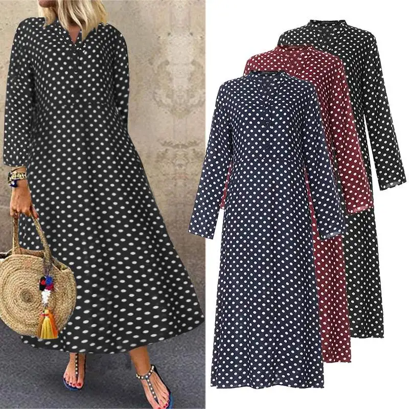 

2020 Spring Women 's Dress Stand Collar Polka Dot Printed Long Maxi Vestidos ZANZEA Bohemian Dresses Beach Party Sundress Robe