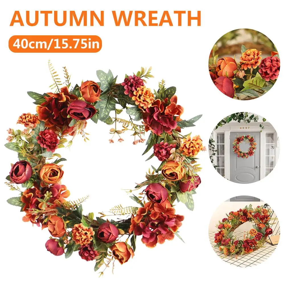 

Autumn Color Thanksgiving Day Tea Bud Hydrangea Wreath Wreath European-style Simulation Plant 40cm Holiday Decoration