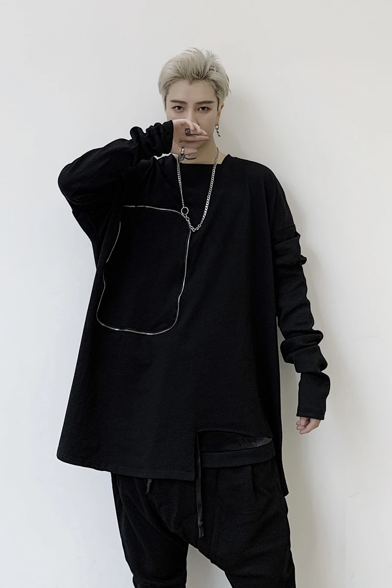 M-XL! Весенняя темная индивидуальная Мужская свободная хип-хоп футболка с длинным рукавом и декоративной молнией