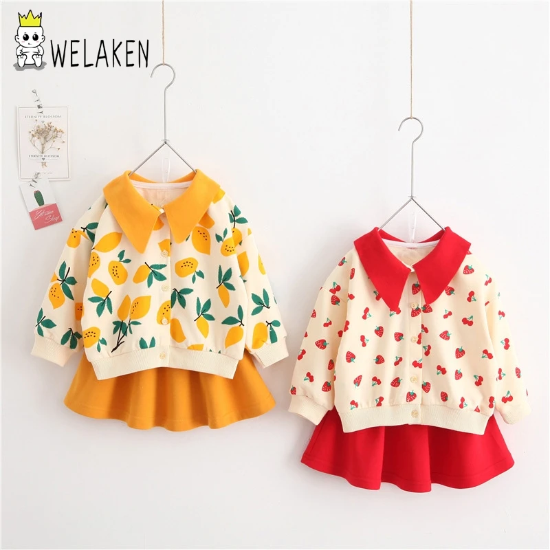 

welaken babe clothing sets fall spring outwear pattern printed top+solid short skirt 2pcs soft kids daily wear 2-6Years