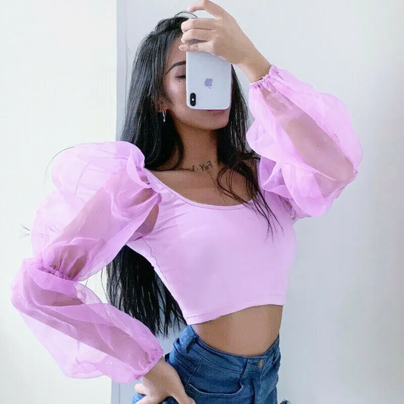 

Sexy Mesh See Through Perspective Long Sleeve Blouses 2020 Autumn Women Backless Patchwork Slim U-Neck Shirts