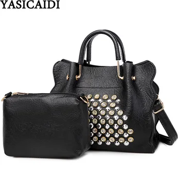

YASICAIDI New Fashion Women Composite Bag Rivet Diamond Decor Leather Female Handbag Clutch Purse Small Crossbody Shoulder Bags