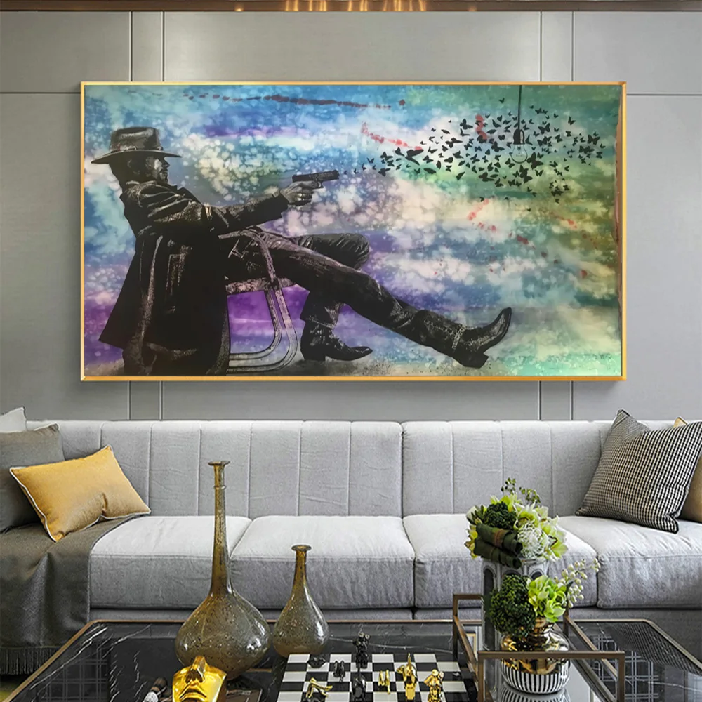 

Abstract Cowboy Gunner With Butterfly Canvas Painting Posters And Prints Fantastic Wall Art Picture For Living Room Decoration