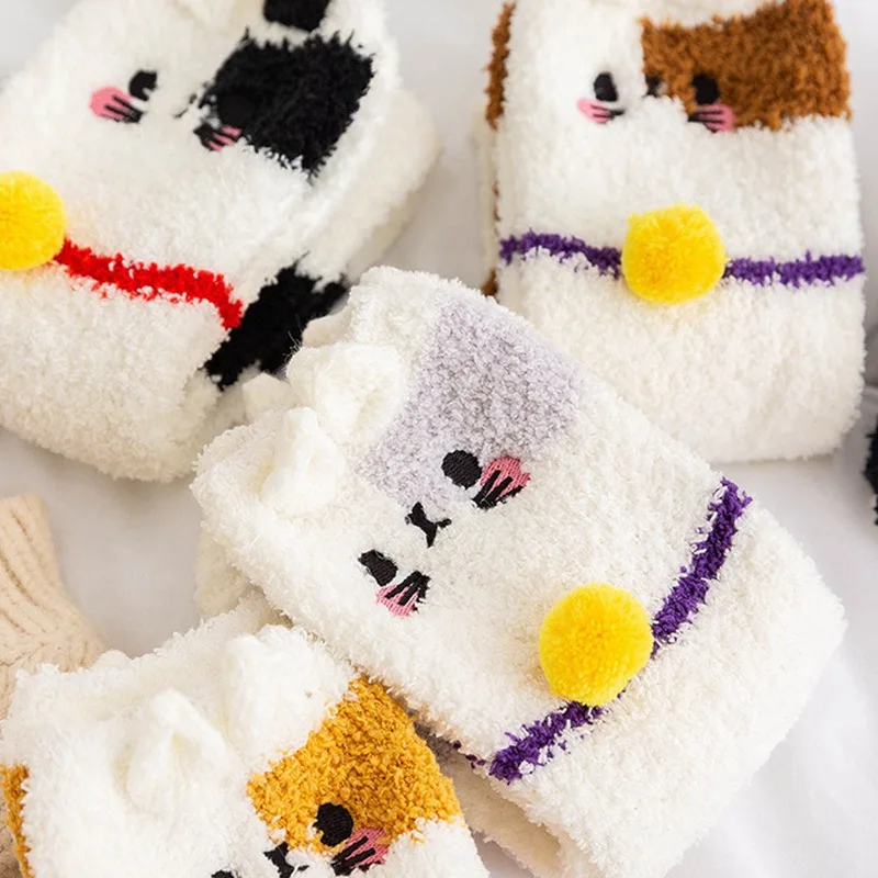 Зимние теплые носки с кошачьими лапами для женщин и девочек; носки для сна; домашние носки-тапочки; толстые носки