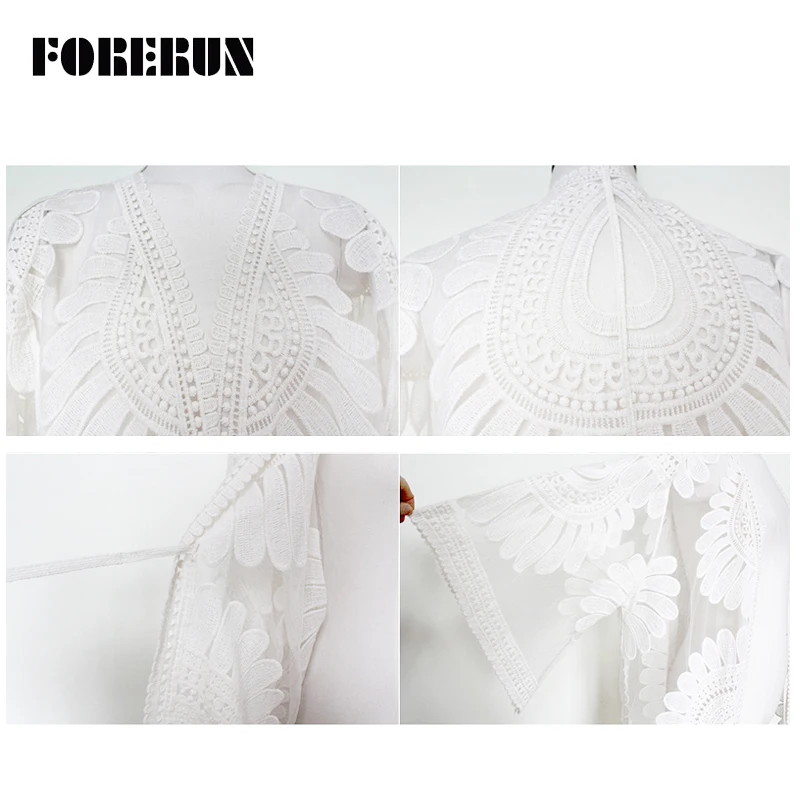 FORERUN Floral Embroidery Beach Blouses Women Transparent White Lace Kimono Cardigan summer Sex Sunscreen Bohemian Blusa