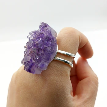 

natural Raw Amethysts Druzy Ring February Birthstone Stone Boho Amethysts geode Statement Gold Cuff Ring for christmas gift