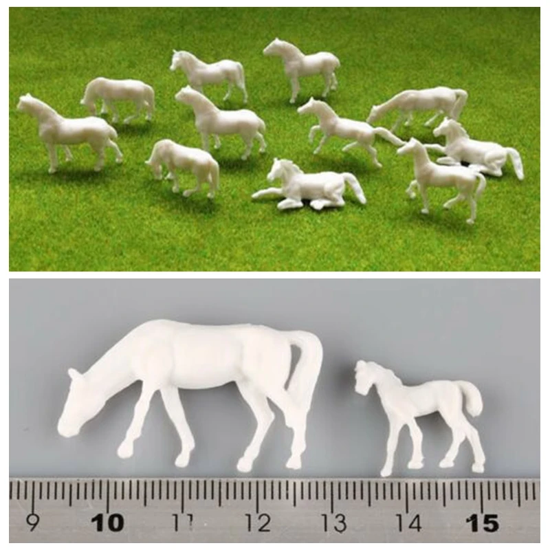 50pcs 1:87 UnPainted White Farm Animals Horses HO Scale in 9 different poses