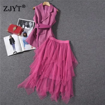 

Elegant Lady Office Two Piece Outfits Summer 2020 Fashion Design Women's Set Belted Irregular Vest Top and Mesh Skirt Suit Sets