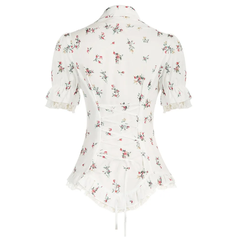 Women Renaissance Shirt Short Sleeve V-Neck Curved Hem Blouse Summer Victorian Tops Floral Print Steampunk Lace Up Blouse A30