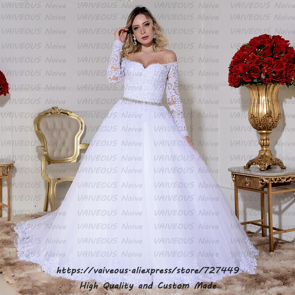 Романтическое кружевное свадебное платье с жемчугом Vestidos De Noiva, сексуальное бальное платье с открытыми плечами, свадебные платья с длинным рукавом, Rob e de Mariee