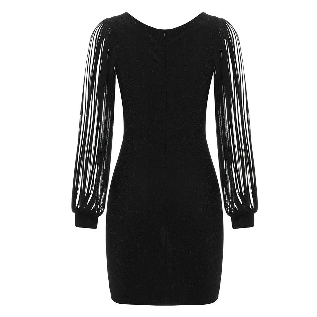 New Fashion Sexy Women V Ncek Solid Sequined Glitter Stitching Shining Club Sheath Long Sleeved Mini Dress For Female