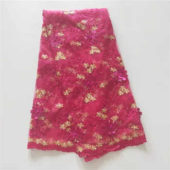 

3D Flower African Tulle Embroidred Lace fabric 2020 High quality Rose Red French Mesh Lace Fabric For Sewing Wedding Dress
