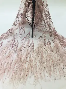 

Top quality embroidered net lace fabric feather with sequins JOY-22901 beaded african tulle lace fabric for wedding dress