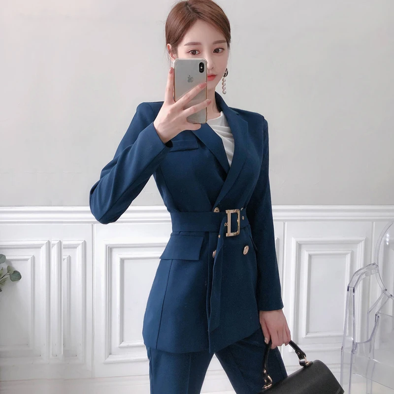 2020 Korea OL Cloth Double Breasted Sashes Notched Blazer Office Coat Long Pant Solid Two Piece Women's Work Sets