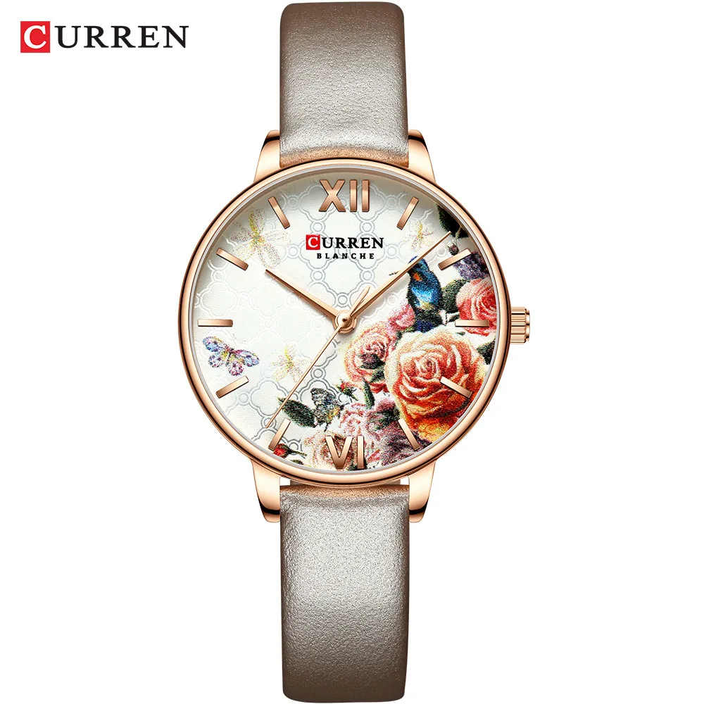 L-Khaki watch Женские часы CURREN Mooie Bloem Ontwerp Horloges Mode casual Lederen Horloge Vrouwelijke Klok vrouwen Quartz Horloge - Цвет: L-Khaki watch