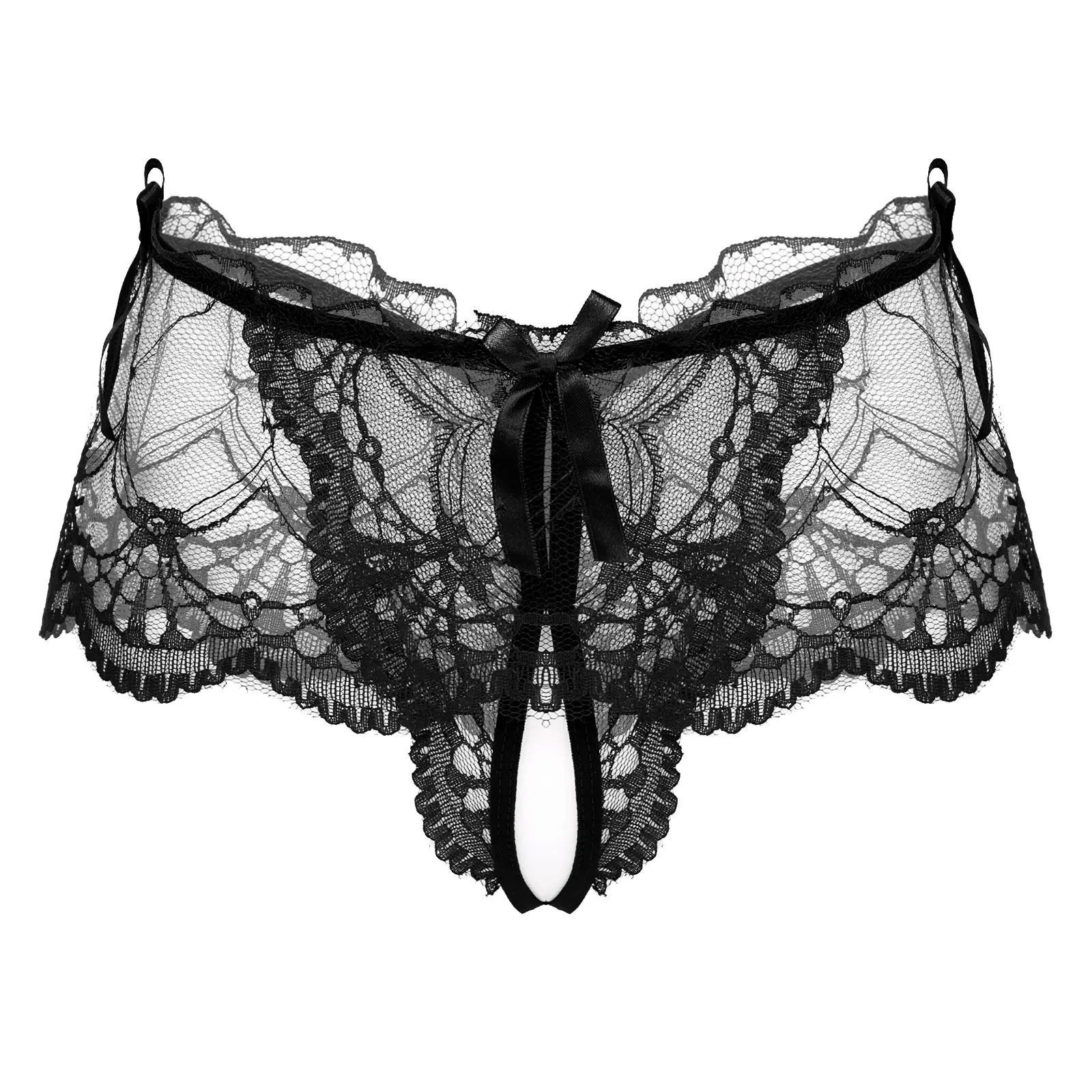 thumbnail image 1 of Calzoncillos con falda de encaje transparente para hombre, tangas sexis transparentes de tiro bajo, bragas recortadas sin entrepierna, ropa interior para club nocturno, 1 of 5