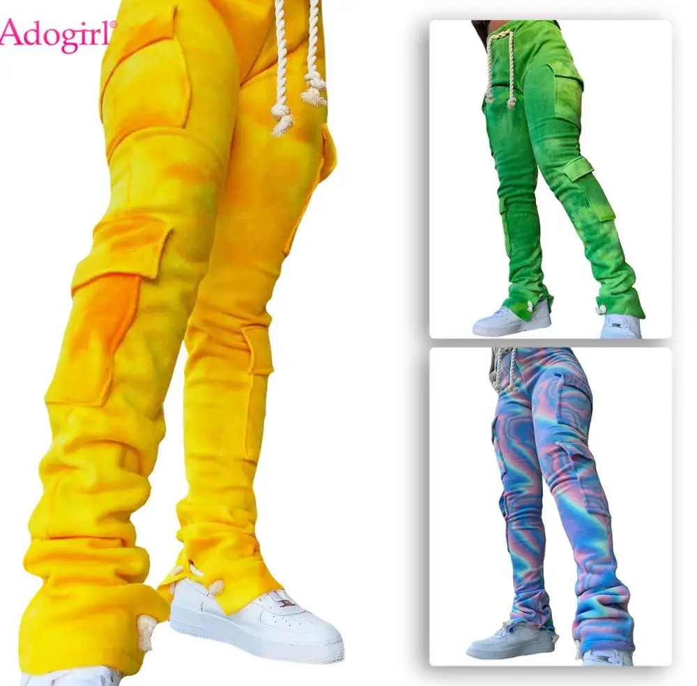 

Adogirl Tie Dye Print Fleece Drawstring Pants With Pockets Fall Winter Warm High Elastics Split Sports Fashion Cargo Trousers