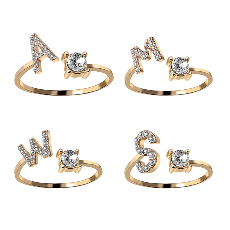 Fashion 26 Letter Initial Open Rings For Women Zircon Gold Color Trendy Alphabet Finger Cuff Adjustable Ring Girl Lovers Jewelry,finger rings,fashion rings,zircon rings,fashion ring,gold rings