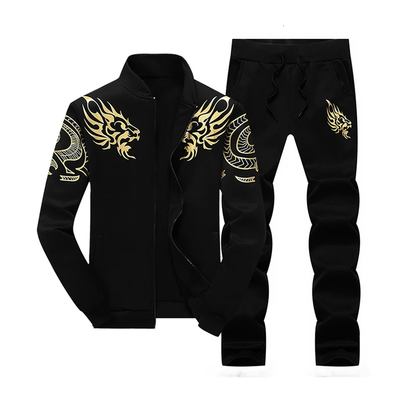 Новые осенние Для мужчин спортивная одежда комплект хлопок тонкий печати молнии пальто черный спортивный костюм Толстовка с длинными