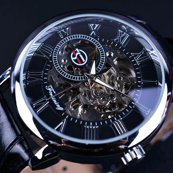 Black Silver Forsining, люксовый бренд, мужские часы, 3D циферблат, дизайн, полые золотые часы, мужские, кожа, скелет, механические часы, Relogio Masculino - Цвет: Black Silver