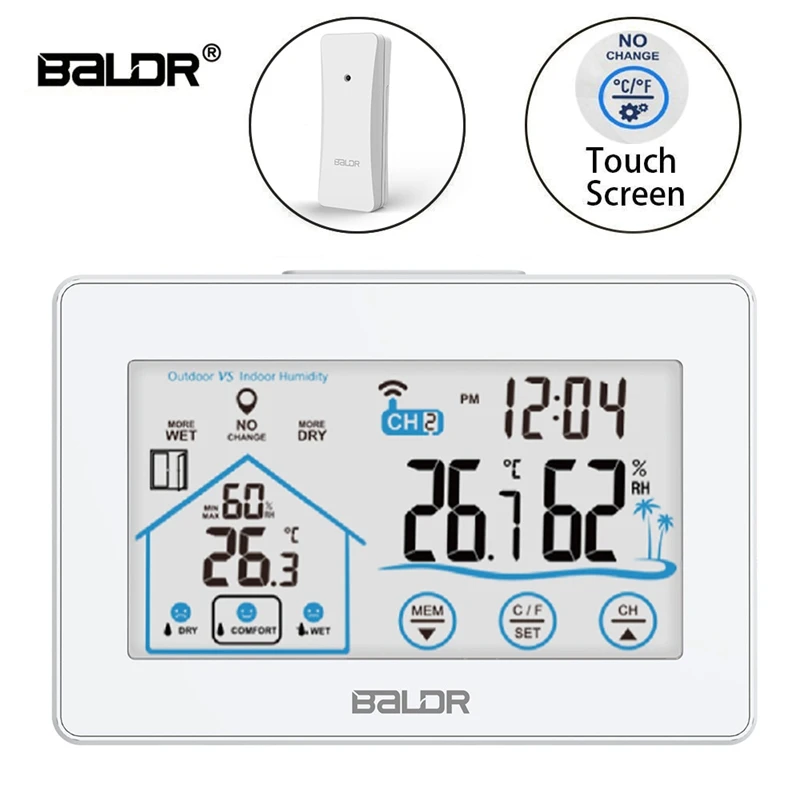 Baldr 기상 관측소 터치 스크린 실내/실외 온도계 습도계 예측 달력 컴포트 표시기 무선 원격 센서