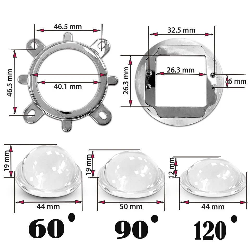 60 90 120도 44mm LED 광학 유리 렌즈 + 콜리메이터 반사경 + 고출력 COB 칩 20W 30W 50W 100W용 고정 브래킷