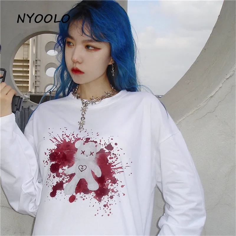 NYOOLO Harajuku дизайн кровавый медведь печати Футболка Осенняя уличная ...