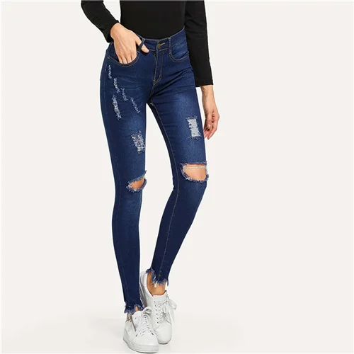 Navy SweatyRocks одноцветная Юбка До Колена рваные потертые края обтягивающие джинсы осень Повседневное Уличная Брюки Для женщин Твердые пуговицы джинсовые штаны - Цвет: Navy