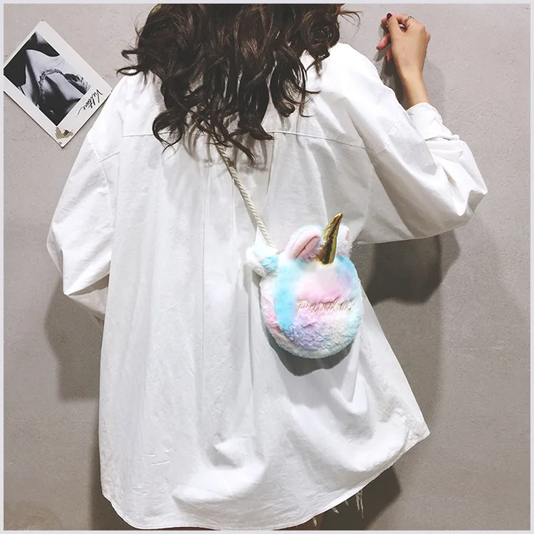 Good quality fashion Unicorn Horn Kids Girls Plush Shoulder Bag Soft Plush Coin Purse for female handbags