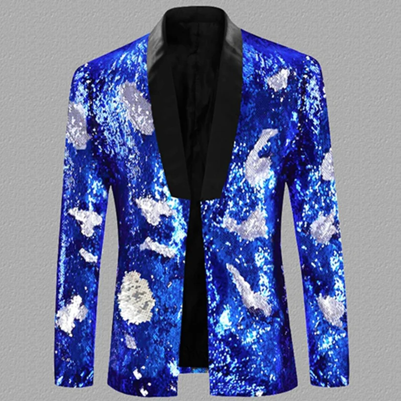 Royalblue and Silver Блестящая блестящая мужская куртка с пайетками, двухцветная куртка для певицы с блестками, крутой блейзер для ночного клуба и бара - Цвет: Royalblue and Silver